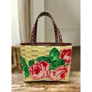 Y2K Isabella Fiore Floral Beaded Woven Straw Applique Tote Bag